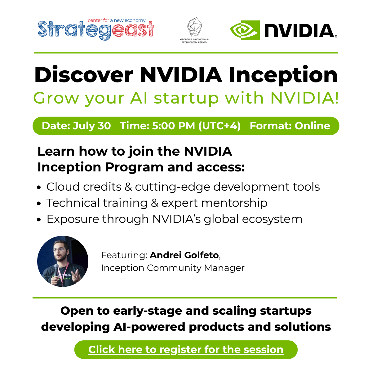 GITA - სა და StrategEast-თან პარტნიორობით, NVIDIA AI სტარტაპებისთვის საინფომრაციო შეხვედრას გამართავს