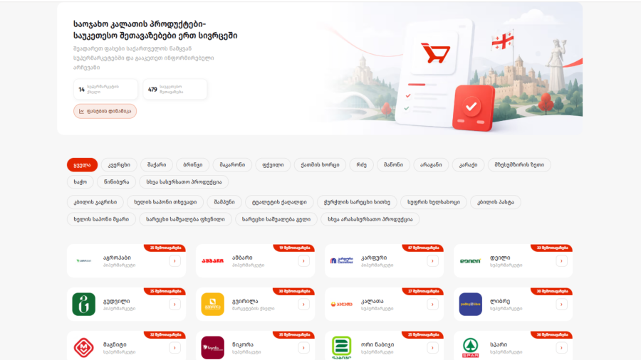 www.ekalata.gov.ge-ს მე-14 სუპერმარკეტების ქსელი და ახალი ფუნქციონალები - დანაზოგის დათვლა და ფასების ცვლილების მონიტორინგი დაემატა